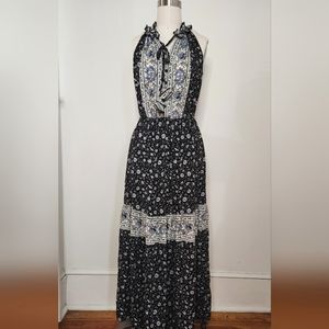 Knox Rose Black Blue Floral Maxi Dress Prairie Long Hippie Full Length MEDIUM